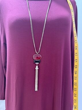 White House Black Market Silver Tassel Necklace with Magenta and Black Accents